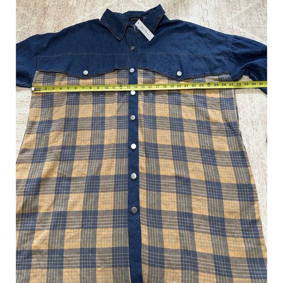 Denim Flannel Shirt Dress Plaid Long Sleeve Button Tunic Cotton Plus Sz 2XL - Picture 9 of 12